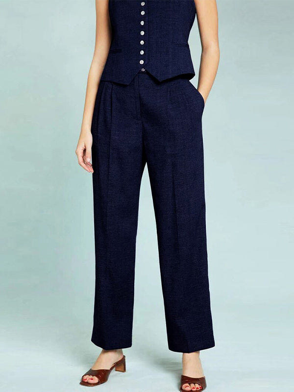 Solid Color Sleeveless Buttoned Deep V-Neck Vest Top + Pleated Straight Leg Pants Bottom Two Pieces Set