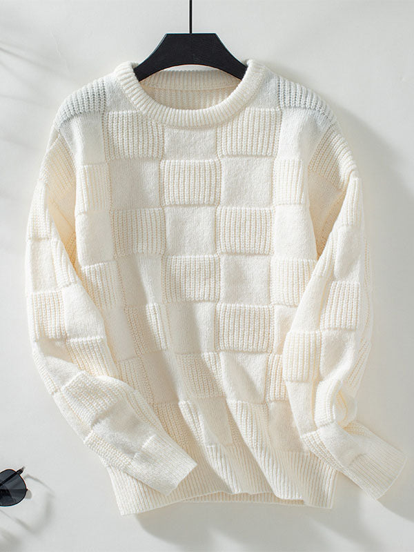 Long Sleeves Loose Solid Color Split-Joint Round-Neck Pullovers Sweater Tops