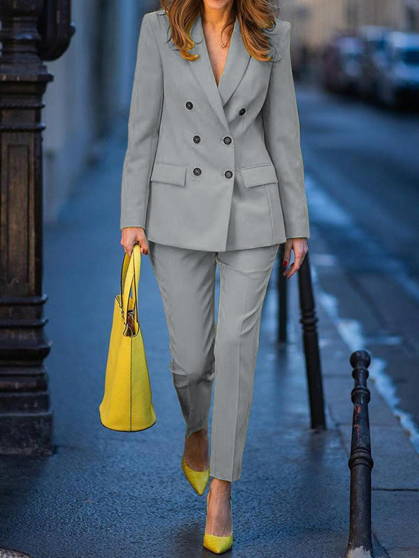 Long Sleeves Loose Buttoned Notched Collar Outerwear Top Pants Bottom Two Pieces Set