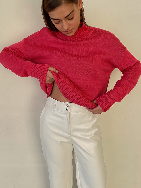 Casual Long Sleeves Loose Solid Color High-Neck Sweater Tops