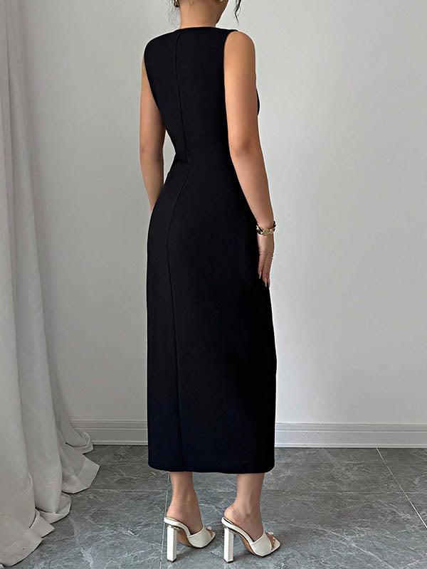 Bodycon High Waisted Bowknot Split-Side Round-Neck Midi Dresses