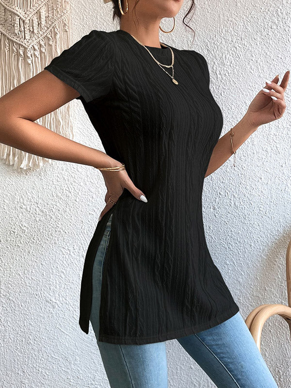 Short Sleeves Pleated Solid Color Split-Joint Split-Side Round-Neck T-Shirts