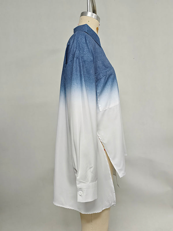 Gradient Printed Split-Joint Split-side High-low Loose Lapel Blouses&shirts Tops