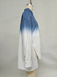 Gradient Printed Split-Joint Split-side High-low Loose Lapel Blouses&shirts Tops