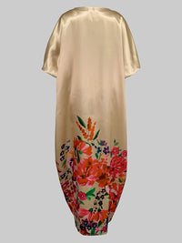 Elasticity Flower Print Split-Front A-Line Half Sleeves V-Neck Maxi Dresses