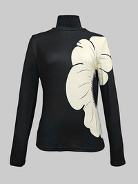 Long Sleeves Skinny Contrast Color Floral Printed Split-Joint High Neck T-shirts