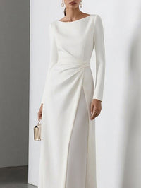 High Waisted Long Sleeves Gauze Pleated Solid Color Split-Joint Round-Neck Maxi Dresses