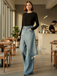 High Waisted Irregularity Asymmetric Buttoned Fringed Interlace Layered Pockets Solid Color Jean Pants Bottoms