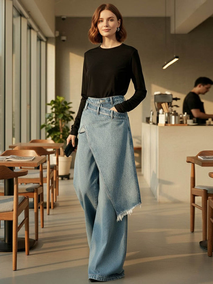 High Waisted Irregularity Asymmetric Buttoned Fringed Interlace Layered Pockets Solid Color Jean Pants Bottoms