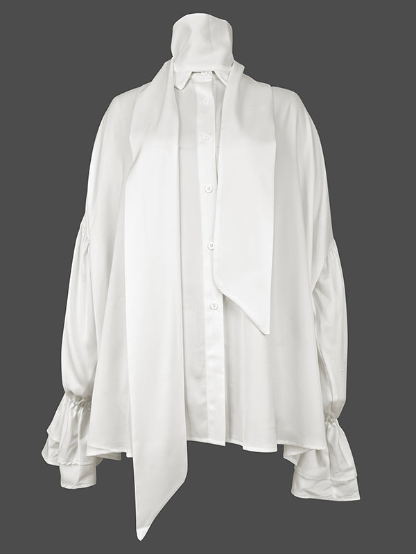 Double Layered Elasticity Solid Color Tied Flared Sleeves Long Sleeves V-Neck Blouses&Shirts Tops