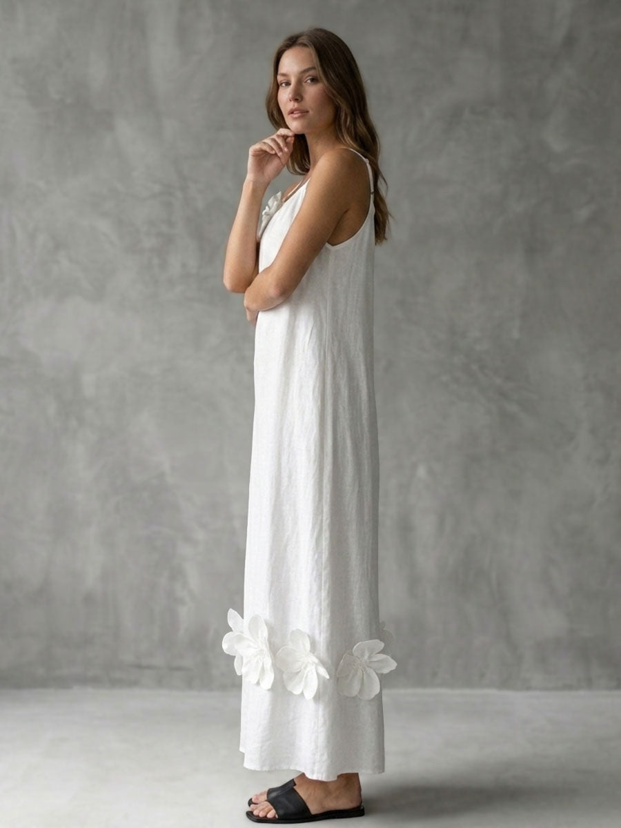 Pleated Solid Color Split-Joint Three-Dimensional Flower A-line Loose Spaghetti-Neck Midi Dresses
