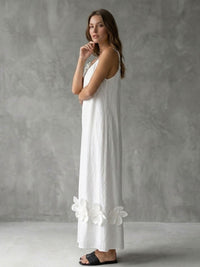 Pleated Solid Color Split-Joint Three-Dimensional Flower A-line Loose Spaghetti-Neck Midi Dresses