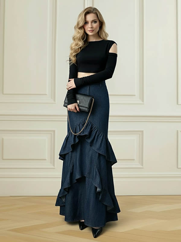 Bodycon High Waisted Ruffled Solid Color Split-Joint Skirts Bottoms