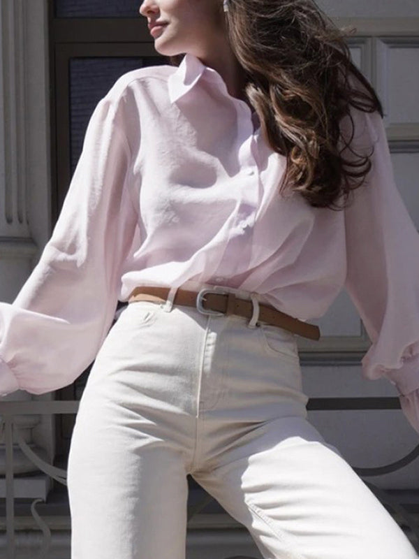 Pleated Solid Color Split-Joint Loose Puff Sleeves Lapel Blouses&shirts Tops