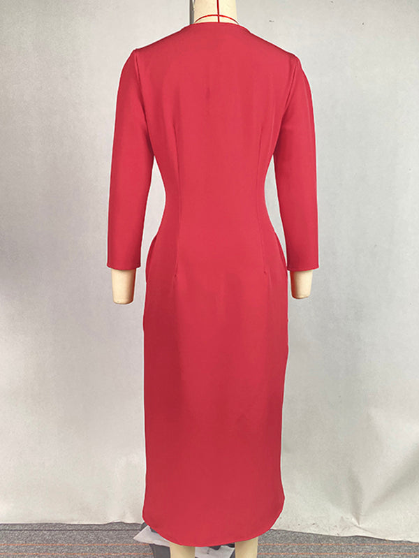 Bodycon Long Sleeves Buttoned Solid Color V-Neck Maxi Dresses Shirt Dress