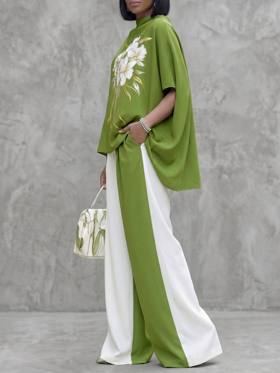 Contrast Color Pockets High Waisted Wide Leg Trousers Casual Pants Bottoms