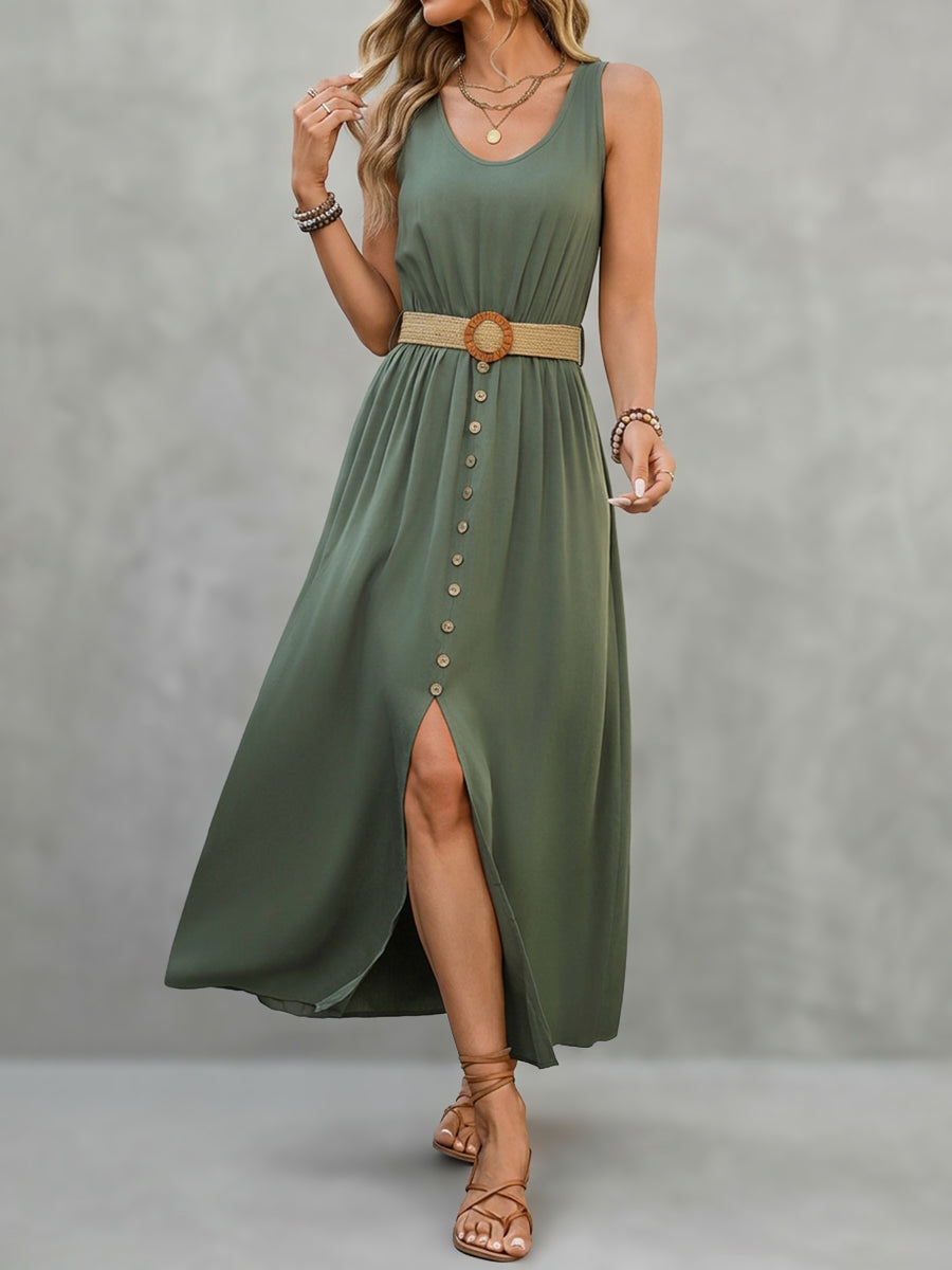 Belt Buckle Buttoned Pleated Solid Color High Waisted Sleeveless V-Neck Maxi Dresses