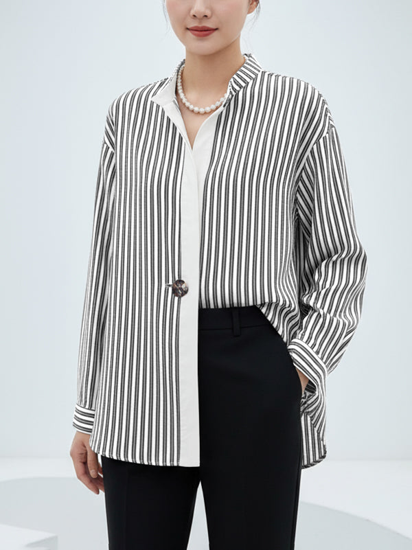 Buttoned Striped Long Sleeves Loose Stand Collar Blouses&Shirts Tops