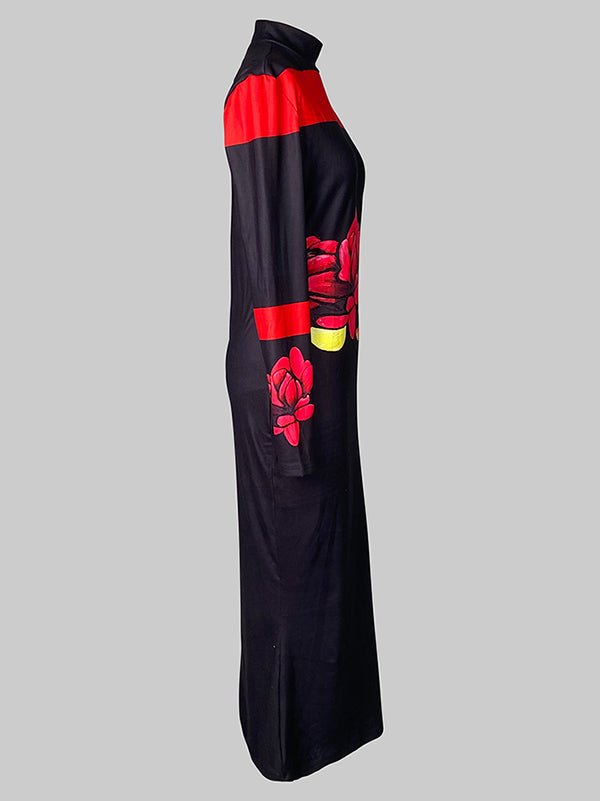 Flower Print Bodycon Long Sleeves High Neck Midi Dresses