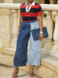 Contrast Color Pockets Loose Wide Leg Jean Pants Bottoms