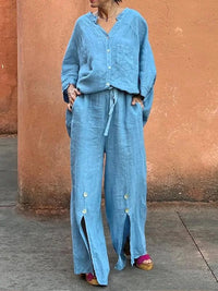 Loose Wide Leg Drawstring Solid Color Split-Front Split-Joint Pants Trousers