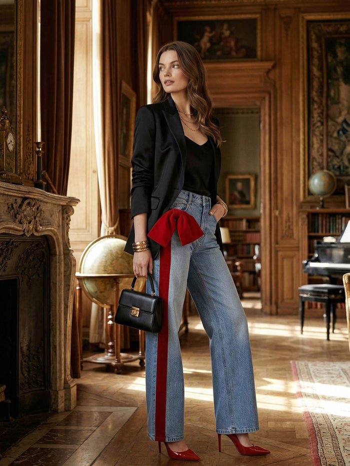 Wide Leg Bow-Embellished Contrast Color Jean Pants Bottoms