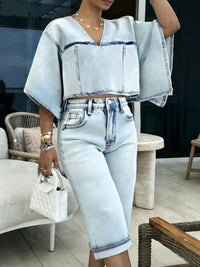 High Waisted Buttoned Contrast Color Pockets Split-Joint Denim Shorts