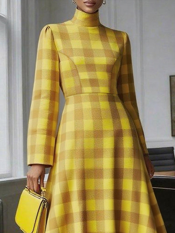 A-Line High Waisted Contrast Color Plaid High Neck Midi Dresses