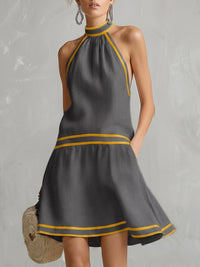 Contrast Color Pockets Zipper A-line Sleeveless Halter-Neck Mini Dresses