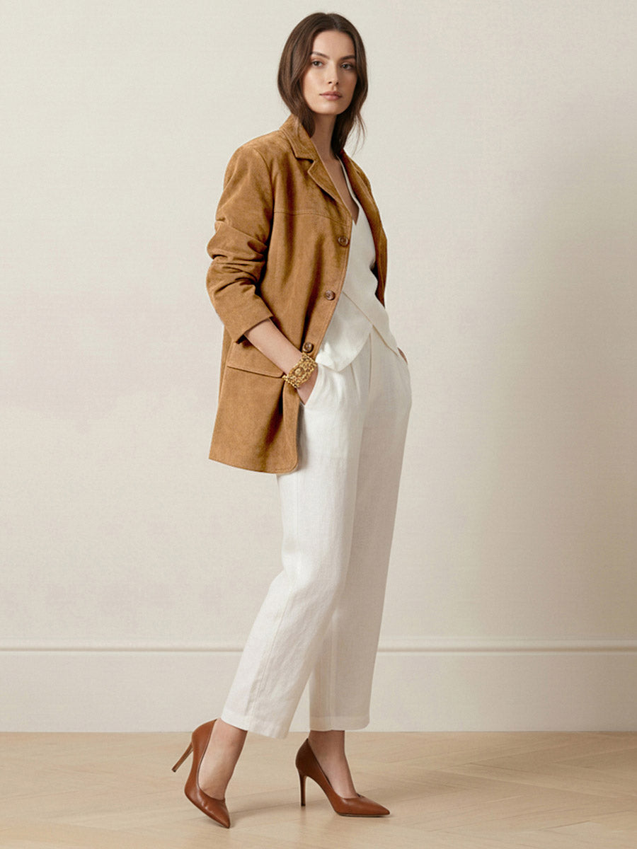 Long Sleeves Loose Buttoned Solid Color Split-Joint Notched Collar Blazer Outerwear