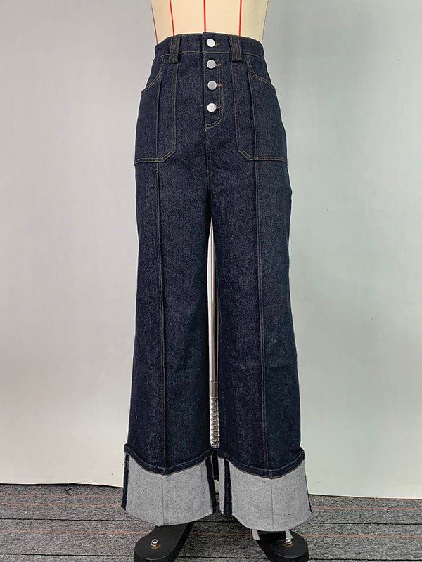 Contrast Color Split-Joint High Waisted Straight Leg Jean Pants Bottoms