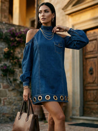 Hollow Pockets Solid Color Split-Joint Long Sleeves Loose Cold Shoulder Mini Dresses