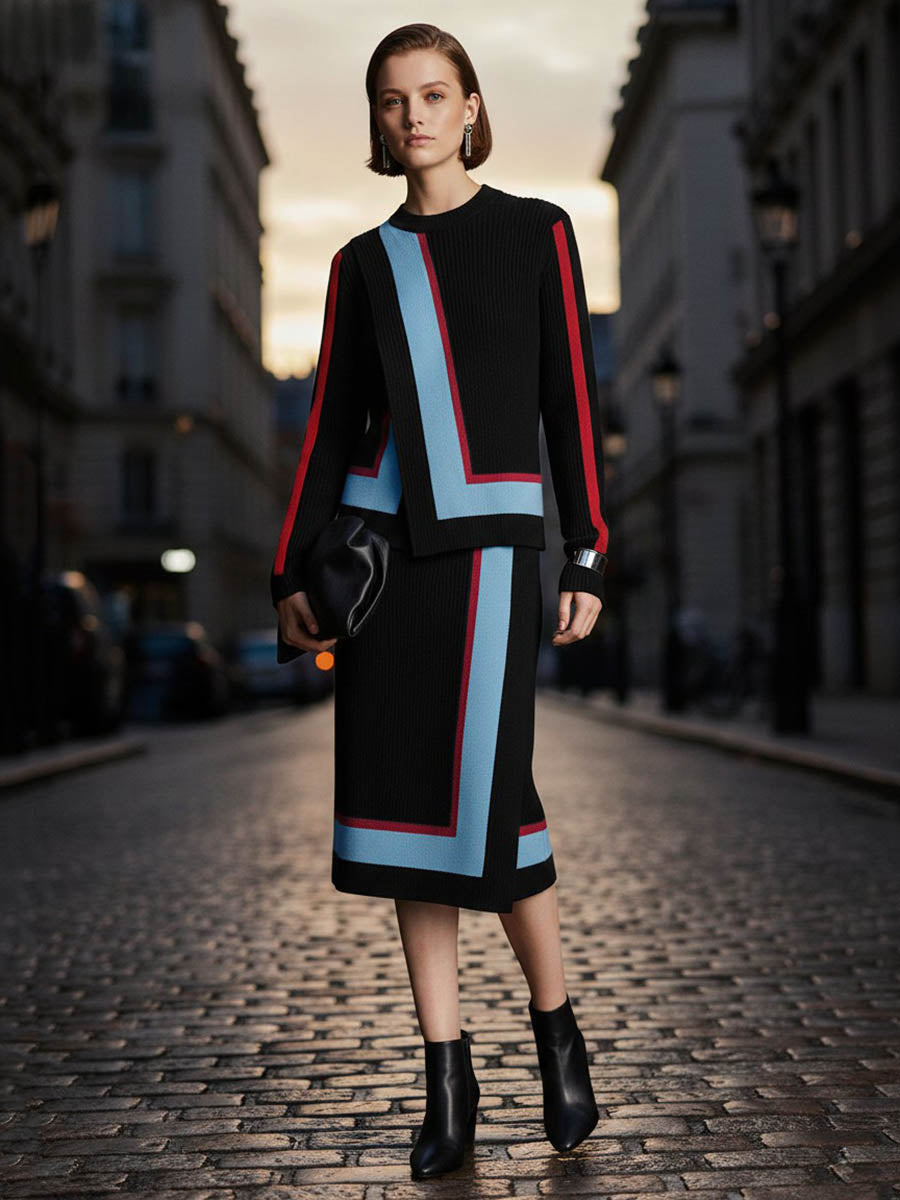 Irregularity Long Sleeves Abstract Printed Asymmetric Contrast Color Ribs Split-Joint Round-Neck Sweater Tops