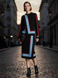 Irregularity Long Sleeves Abstract Printed Asymmetric Contrast Color Ribs Split-Joint Round-Neck Sweater Tops
