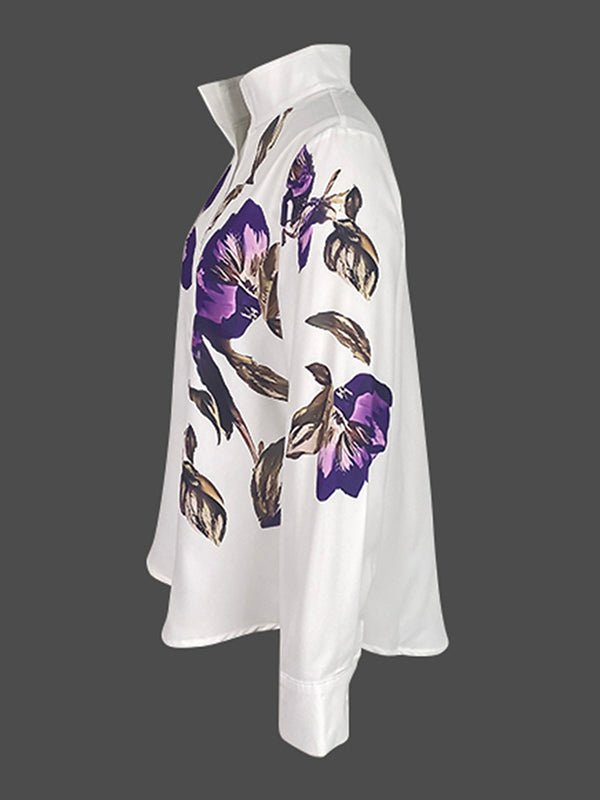 Flower Print Long Sleeves Loose Stand Collar Blouses&Shirts Tops