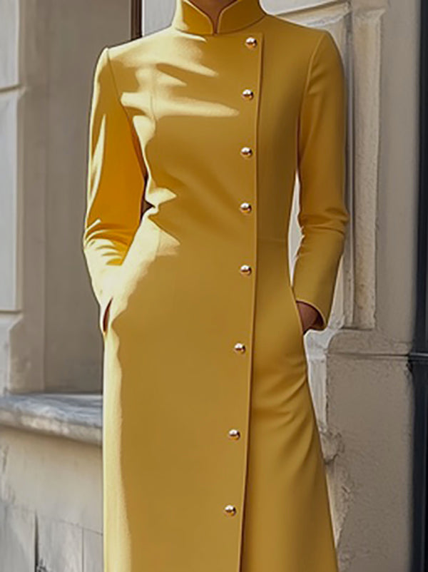 Long Sleeves Loose Buttoned Pockets Solid Color Split-Joint Stand Collar Maxi Dresses