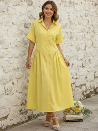 Loose Short Sleeves Buttoned Pleated Solid Color Lapel Collar Midi Dresses Shirt Dress