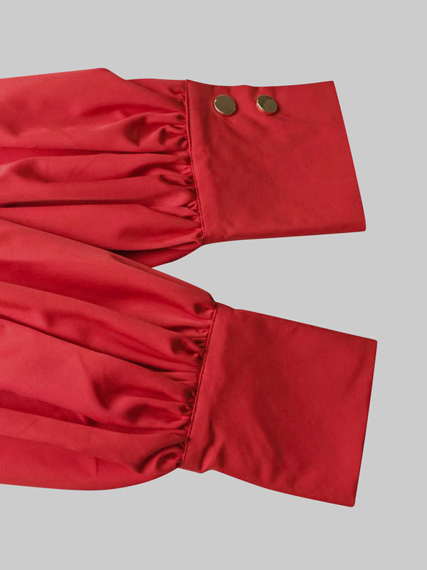 Puff Sleeves Bowknot Solid Color Stand Collar Blouses&Shirts Tops