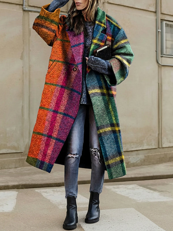 Loose Three-Quarter Sleeves Contrast Color Plaid Split-Joint Lapel Outerwear Windbreakers Woolen Coat
