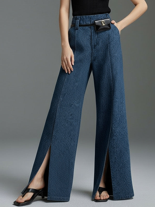 Wide Leg No Belt Solid Color Split-Front Jean Pants Bottoms Trousers