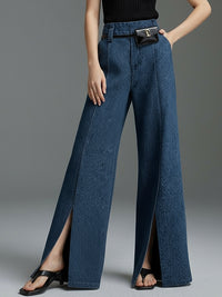 Wide Leg No Belt Solid Color Split-Front Jean Pants Bottoms Trousers