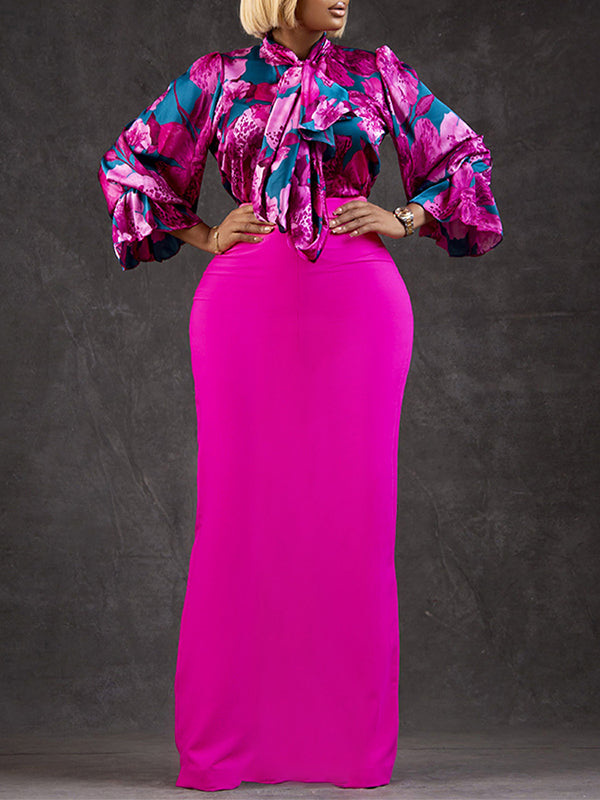 Long Sleeves Floral Printed Blouse + Split-Back Solid Color Skirt Two Pieces Set