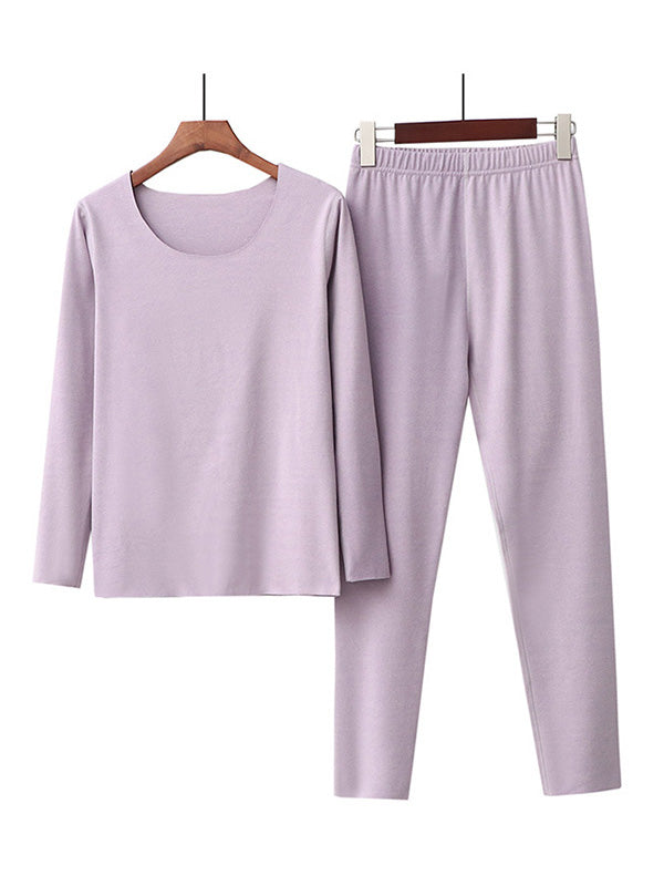 2PCS Plus Size Solid Color Round-Neck Top&Bottom Pajama Set