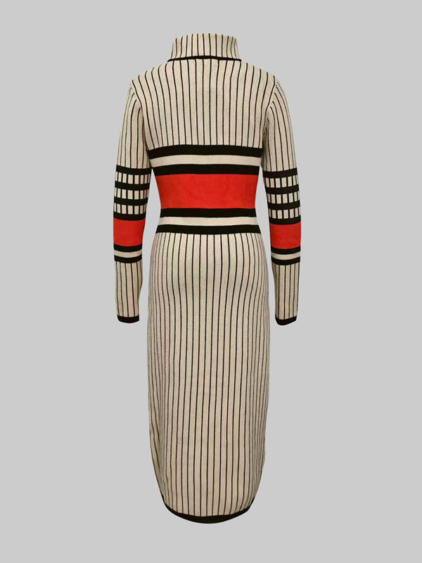 Contrast Color Striped Long Sleeves Skinny High Neck Sweater Dresses Midi Dresses