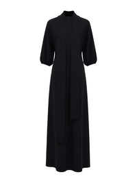 Buttoned Split-side Loose Puff Sleeves Mock Neck Maxi Dresses