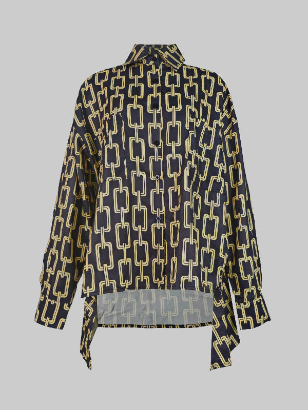 Printed Split-Joint High-low Long Sleeves Blouses