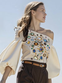 Long Sleeves Puff Sleeves Printed Off-The-Shoulder Blouses&Shirts Tops