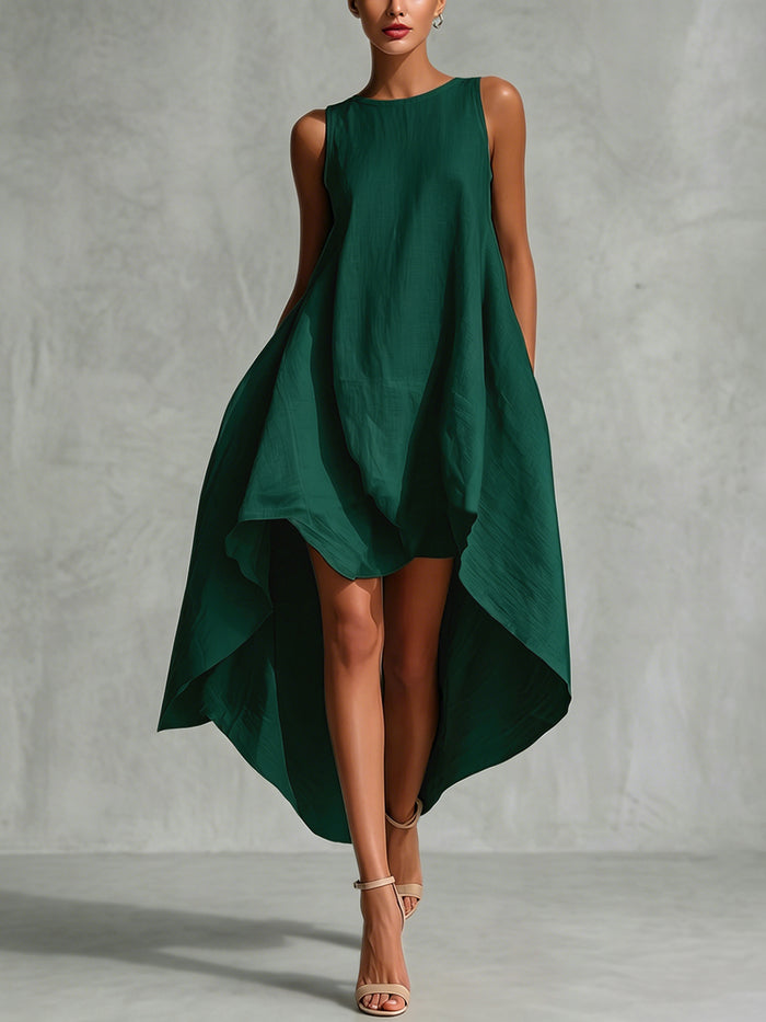 Solid Color Zipper A-Line High-Low Round-Neck Maxi Dresses