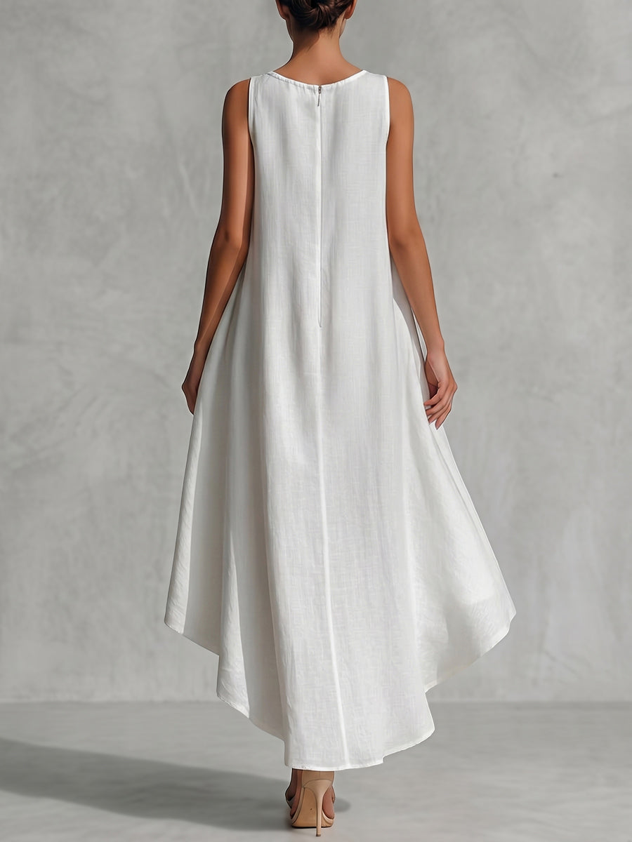 Solid Color Zipper A-Line High-Low Round-Neck Maxi Dresses