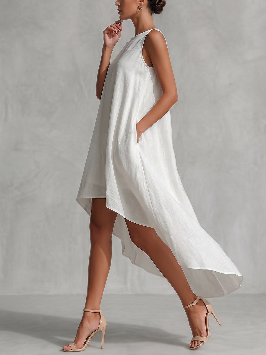Solid Color Zipper A-Line High-Low Round-Neck Maxi Dresses